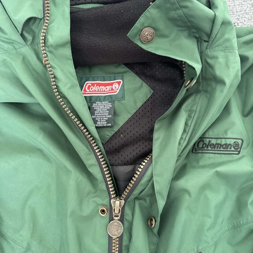 Vintage Coleman Mens Jacket M Green Full Zip Hooded Snap Button Lined Casual